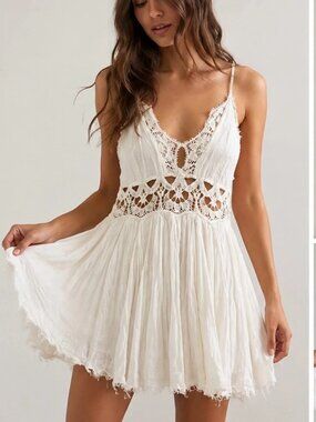 Free People White Ilektra sheer Lace crochet Mini dress handkerchief tunic  XS